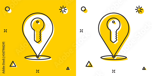 Black Location key icon isolated on yellow and white background. The concept of the house turnkey. Random dynamic shapes. Vector.