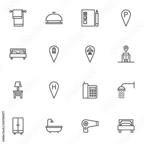 Hotel related line icons set, outline vector symbol collection, linear style pictogram pack. Signs, logo illustration. Set includes icons as reception bell, bed, hotel location, shower, bathroom