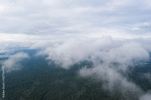 Aerial view clouds over the forest and lake. View from drone. Aerial top view cloudscape. Texture of clouds. View from above. Sunrise or sunset over clouds © Aleksei