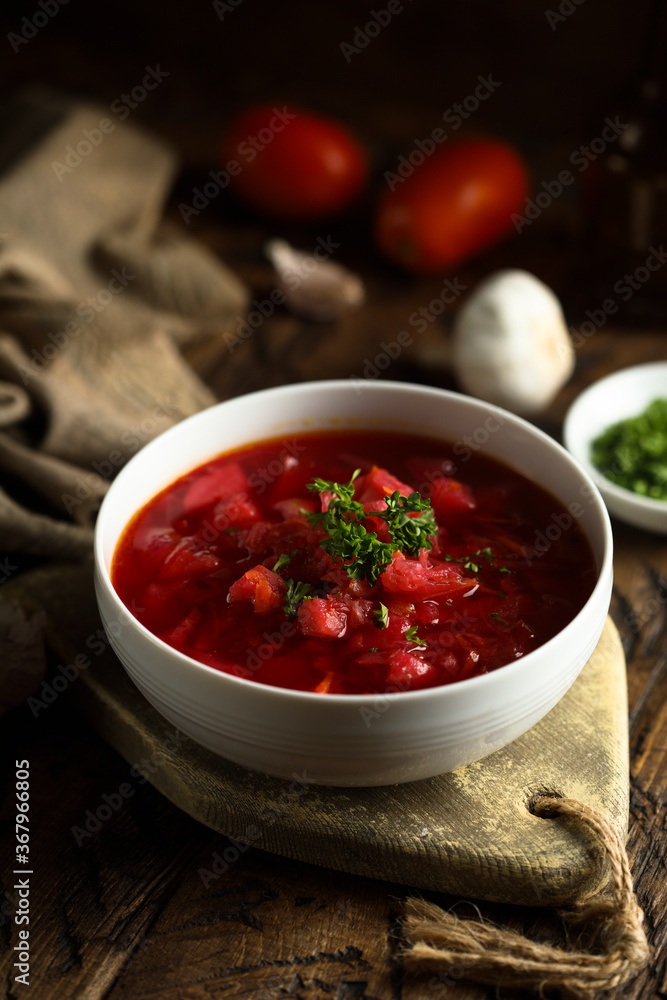 Traditional homemade beetroot soup with fresh parsley Traditional homemade beetroot soup with fresh parsley
