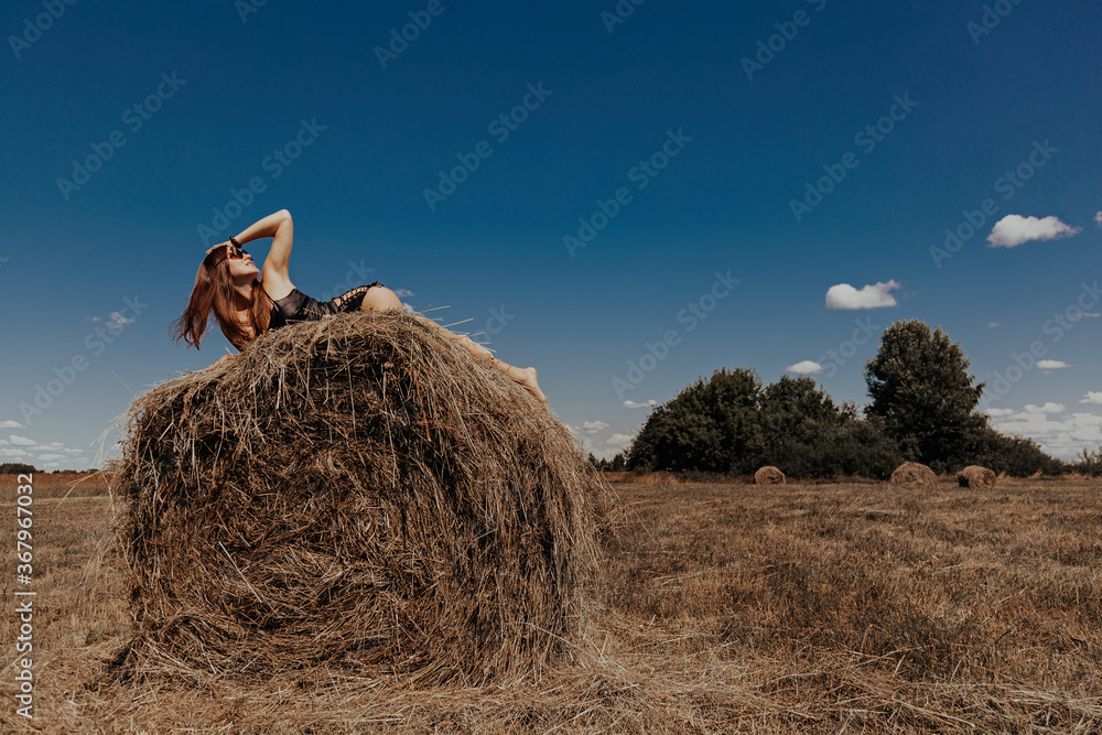 a young woman on a summer day in a field on a haystack a young woman on a summer day in a field on a haystack