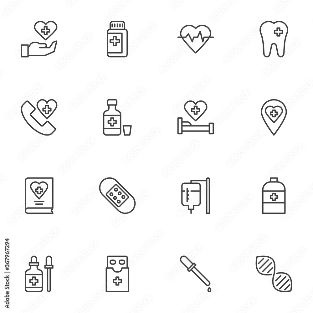 Medicine and health line icons set, outline vector symbol collection, linear style pictogram pack. Signs, logo illustration. Set includes icons as medical pills, dna, heart cardiogram, emergency call Medicine and health line icons set, outline vector symbol collection, linear style pictogram pack. Signs, logo illustration. Set includes icons as medical pills, dna, heart cardiogram, emergency call
