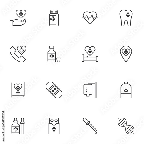 Fototapeta Naklejka Na Ścianę i Meble -  Medicine and health line icons set, outline vector symbol collection, linear style pictogram pack. Signs, logo illustration. Set includes icons as medical pills, dna, heart cardiogram, emergency call
