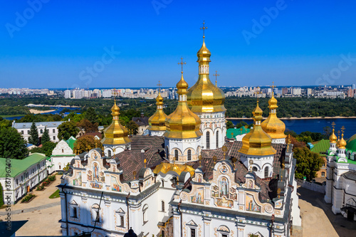 View of Dormition Cathedral of the Kyiv Pechersk Lavra (Kiev Monastery of the Caves) and the Dnieper river in Ukraine. View from Great Lavra Bell Tower