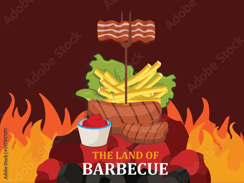 Grilled barbecue beef steak,sausage,bacon,chicken thighs in flames