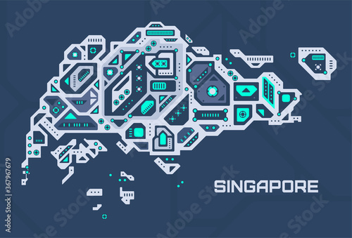 Abstract futuristic map of Singapore. Mechanical circuit of the country. Technology space background.