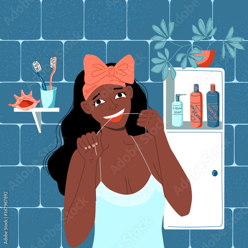 Daily care of dental health. Dark skinned afro girl is flossing her teeth with dental floss in the bathroom. Morning and evening routines. Beautiful smile. Stock vector flat hand drawn illustration.