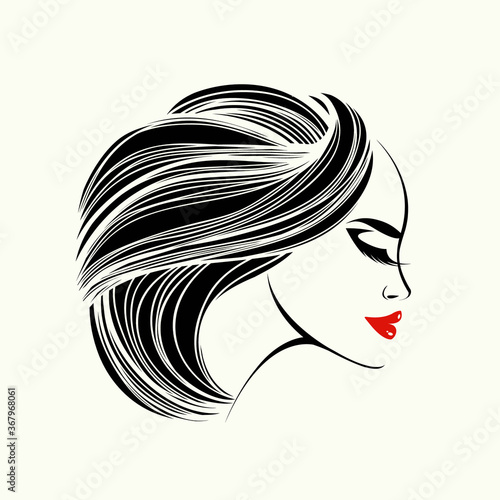 Beautiful woman with elegant hairstyle and makeup.Long, wavy hair.Beauty salon illustration.Cosmetics and spa female portrait.Profile view smiling face.Red lipstick.