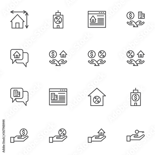 Real Estate line icons set, outline vector symbol collection, linear style pictogram pack. Signs, logo illustration. Set includes icons as online apartment rent, property, percentage mortgage, house