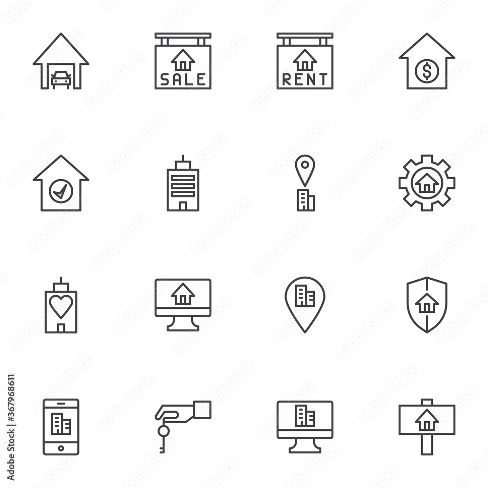 Real estate related line icons set, outline vector symbol collection, linear style pictogram pack. Signs, logo illustration. Set includes icons as house rent, sale, mortgage, insurance, online booking Real estate related line icons set, outline vector symbol collection, linear style pictogram pack. Signs, logo illustration. Set includes icons as house rent, sale, mortgage, insurance, online booking