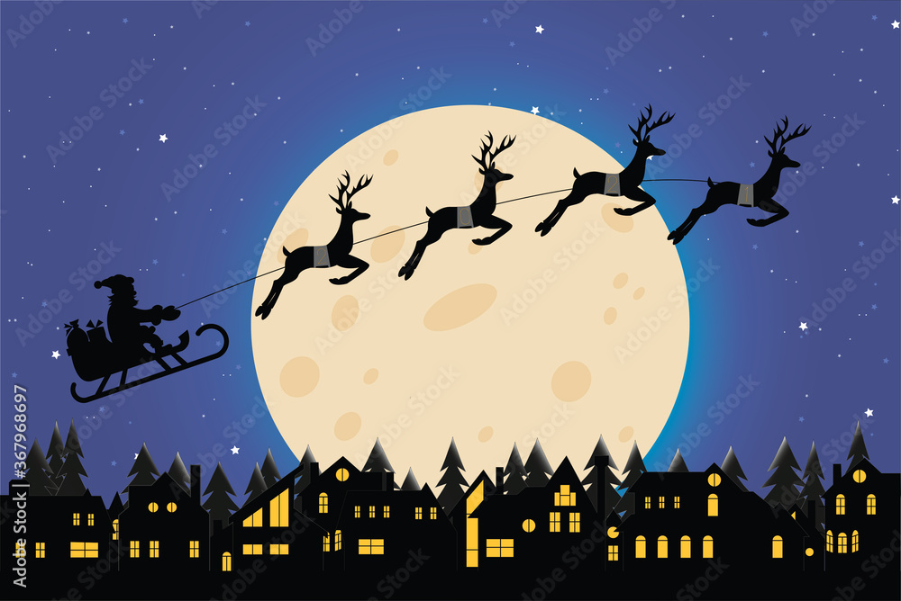 Blue Christmas background concept. Greeting card. Holiday backdrop with moon, night city and Santa Claus with sleigh and Xmas reindeer. Holiday art.