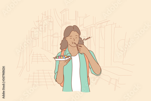 Meal, leisure time, travelling, tourism concept. Young happy woman girl tourist backpacker character eating japanese china street food dango balls. Testing exotic delicacy asian cuisine illustration.