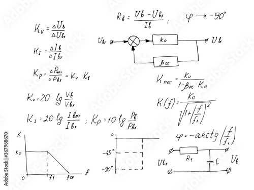 Physics, electronic engineering, mathematics equation and calculations, endless hand writing. Vector vintage scientific and technology illustration on whiteboard.