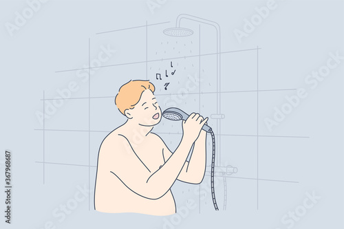 Performance, fun, music, obesity concept. Young fat obese thick man guy cartoon character standing naked in bathroom singing songs with shower head. Funny leisure recreation and carefree lifestyle.