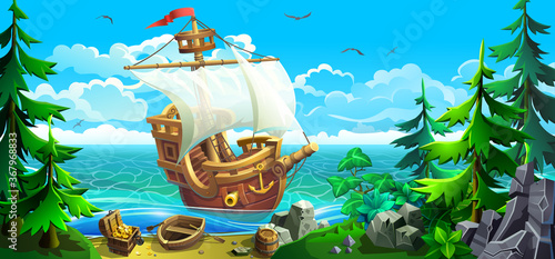 A wooden ship with white sails stands near the shore with treasures.