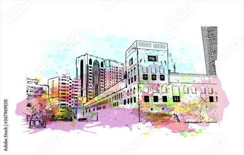 Building view with landmark of Abu Dhabi, the capital of the United Arab Emirates. Watercolor splash with hand drawn sketch illustration in vector.