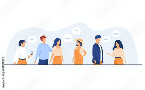 Group of happy young international students speaking different languages. Various native speakers greeting each other with speech bubbles. Foreign languages and multicultural communication concept
