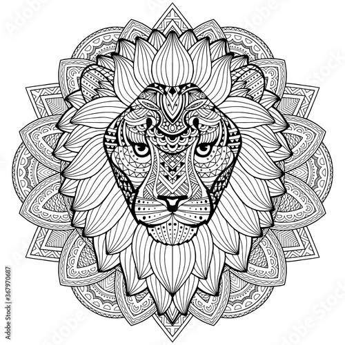 Lion head on an abstract background. An adult lion is drawn by hand. Ethnic plant pattern. Anti-stress coloring. Psychedelic drawing illustration.