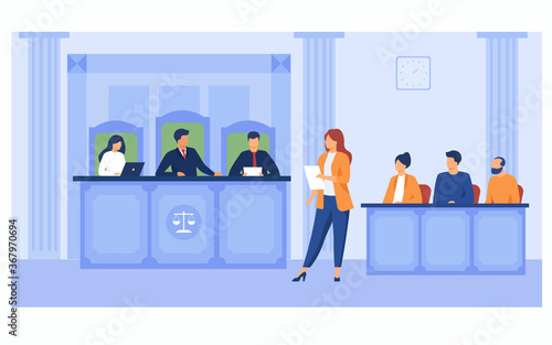 Attorney pleading in court. Lawyer woman speaking in courtroom, reading from notes, addressing judge and jury box. Vector illustration for courthouse, trial, law, judgment, justice concept