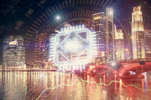 Data theme hologram drawing on city view with skyscrapers background multi exposure. Ai concept.