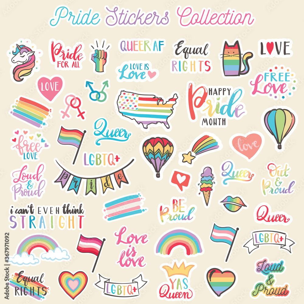 Pride stickers collection - hand drawn vector illustration set