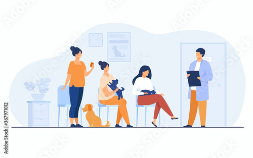 Veterinary and animal care concept. People and their pets visiting veterinarian clinic, holding sick cats and dogs in arms, waiting their turn at vet office. Flat vector illustration