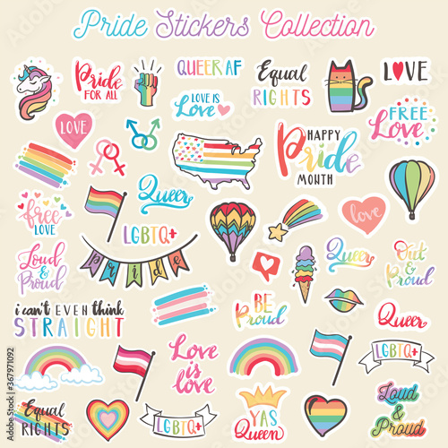 Pride stickers collection - hand drawn vector illustration set