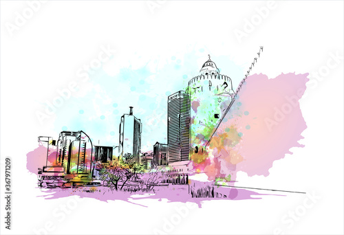 Building view with landmark of Abu Dhabi, the capital of the United Arab Emirates. Watercolor splash with hand drawn sketch illustration in vector.