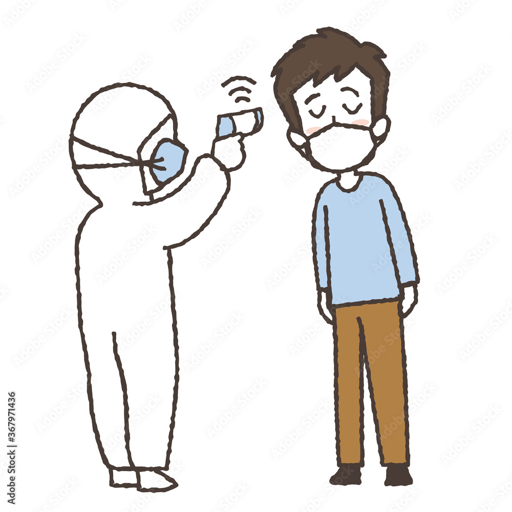 非接触体温計で体温を測る男性のイラスト 非接触体温計で体温を測る男性のイラスト