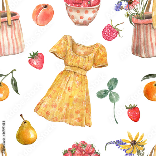 Summer vacation seamless pattern. Watercolor illustration with women summer d...