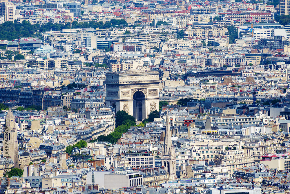 Aerial shot of Arch of Triumph from Tour Montparnasse observation desk - Paris, France
