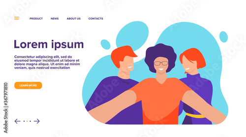 Happy diverse young people taking group selfie on mobile phone camera, standing together and smiling. Flat vector illustration for friendship, photo, self portrait concept