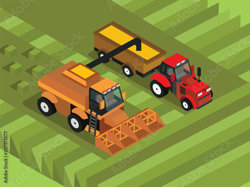 Combine harvester and tractor 3d isometric view