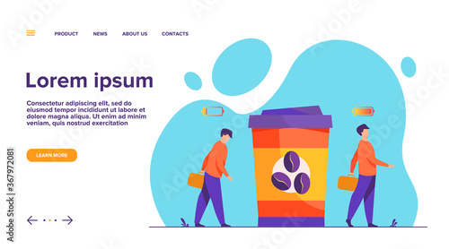 Man getting energy from cup of coffee. Caffeine addicted guy with disposal cup. Vector illustration for morning, coffee break, addiction, energetic drink concept
