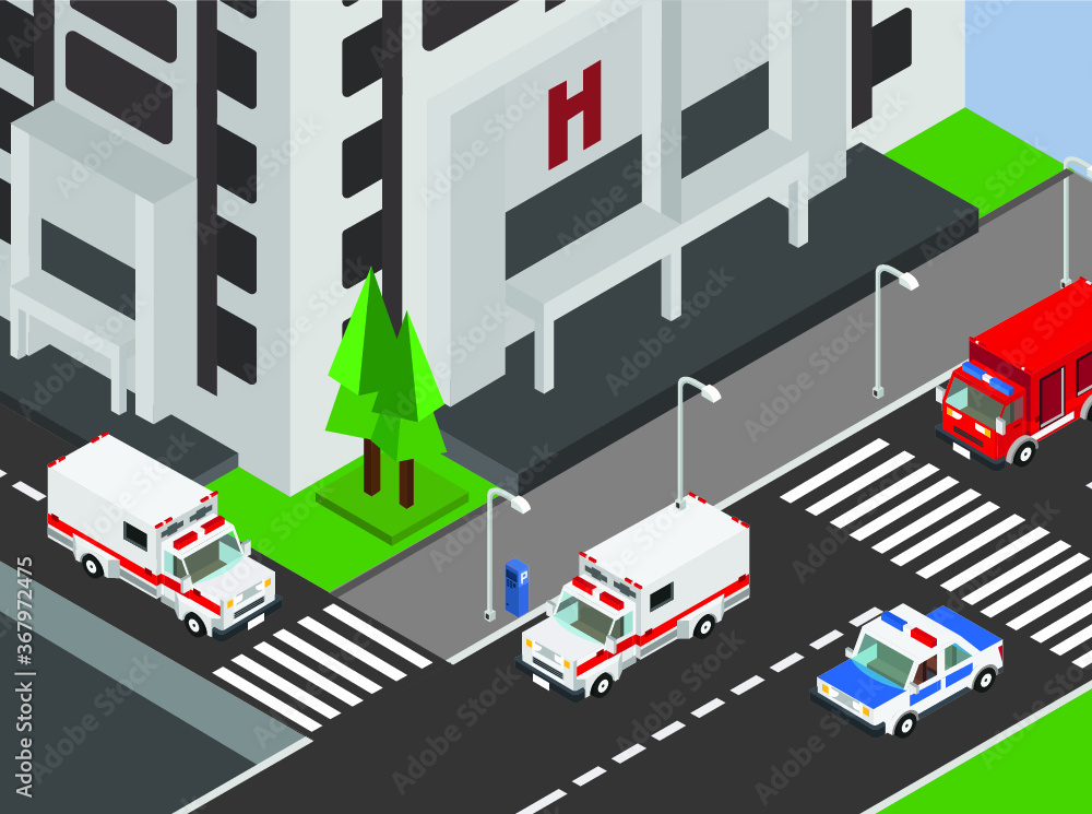 Hospital Isometric left view with Fire Truck Ambulance Truck