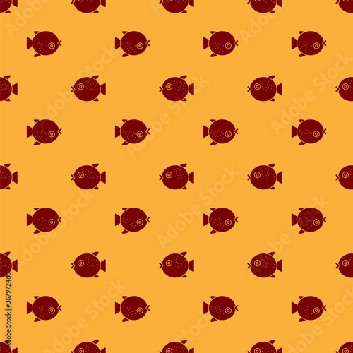 Red Puffer fish icon isolated seamless pattern on brown background. Fugu fish japanese puffer fish. Vector..