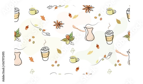 Seamless coffee pattern with autumn leaves.
Vector design.