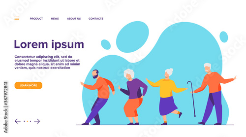 Happy senior people dancing at party. Cartoon grey haired old men and women enjoying music in club, having fun . Vector illustration for age, hobby, joy, retirement concept
