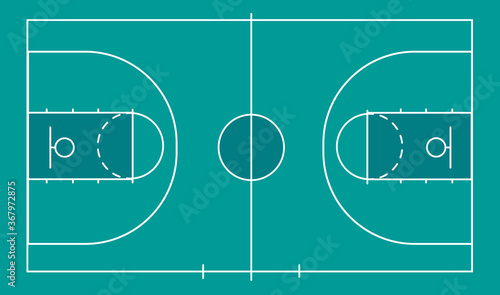 Isolated basketball field for ball game on a blue field. Competitive sport on the site. Stadium with markings. Vector stock graphics. To plan a strategy for sites and applications.