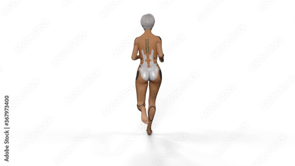 3D Render : Female Cyborg/Robot is running with the white background