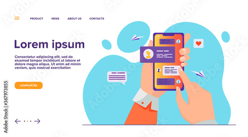 Human hand holding mobile phone with text messages. Person touching screen with chat conversation flat vector illustration. Phone communication concept for banner, website design or landing web page