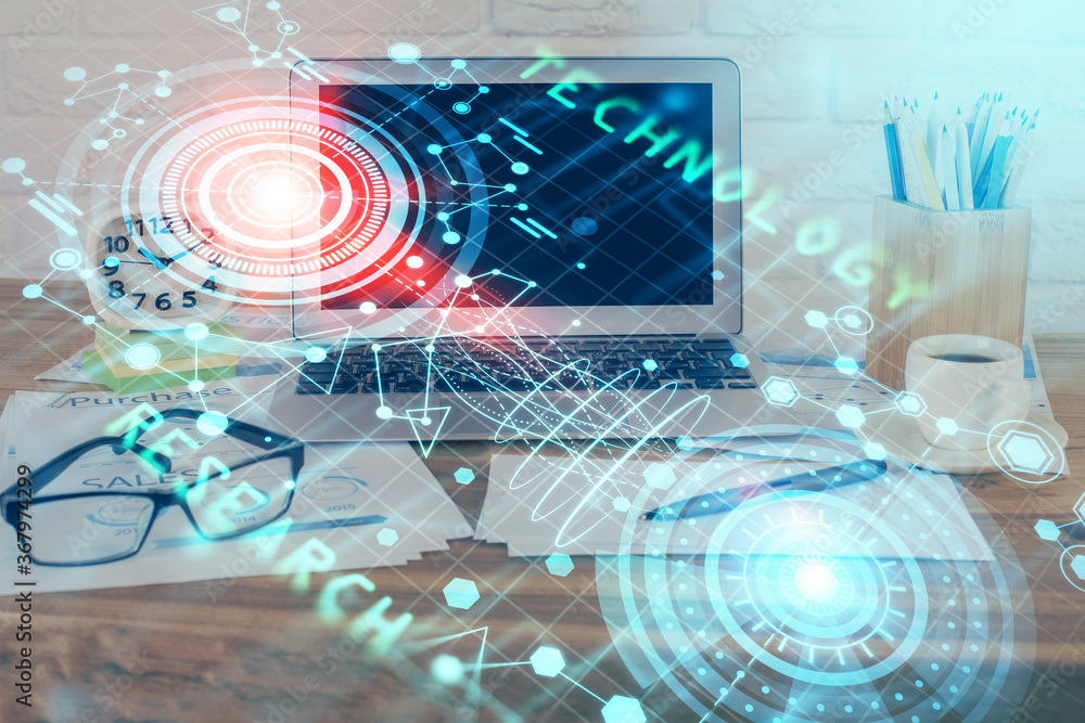 Multi exposure of desktop with computer on background and tech theme drawing. Concept of big data. Multi exposure of desktop with computer on background and tech theme drawing. Concept of big data.