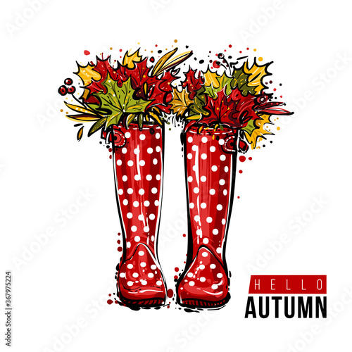 Stylish greeting card with red polka dot wellies with autumn leaves and hello autumn text. Vector illustration in watercolor style for decoration seasonal celebration, greeting card and web banner.