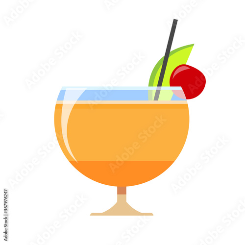 Delicious cocktail in a wide glass. Slice of lime with cocktail cherry and mango juice. Vector illustration