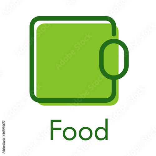 Concepto restaurante vegano. Logotipo lineal cuchara en cuadrado en color verde con texto Food