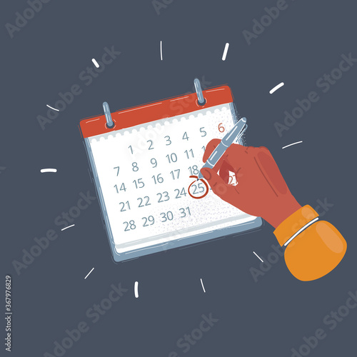 Illustration of hand with pen take a note into calendar. Circle mark of importat date on dark background. photo