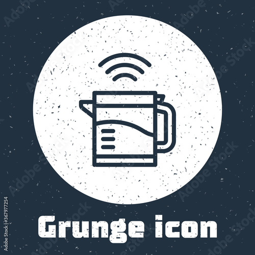 Grunge line Smart electric kettle system icon isolated on grey background. Teapot icon. Internet of things concept with wireless connection. Monochrome vintage drawing. Vector.