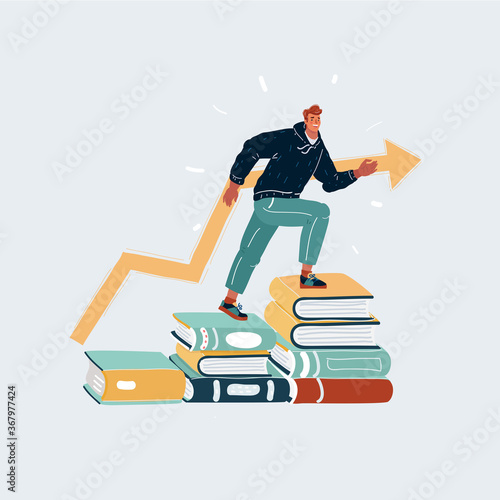 Illustration of young man steeps on stacks of book. Studying concept.
