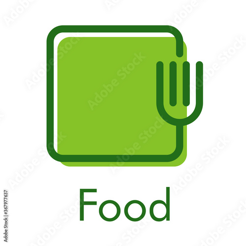 Concepto restaurante vegano. Logotipo lineal tenedor en cuadrado en color verde con texto Food