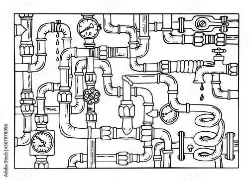 Plexus of the hydraulic tube. Hydro pattern. Sketch doodle vector illustration. Black and white background. Water supply networks. Pipeline. Pipe system. Illustration isolated on white background.